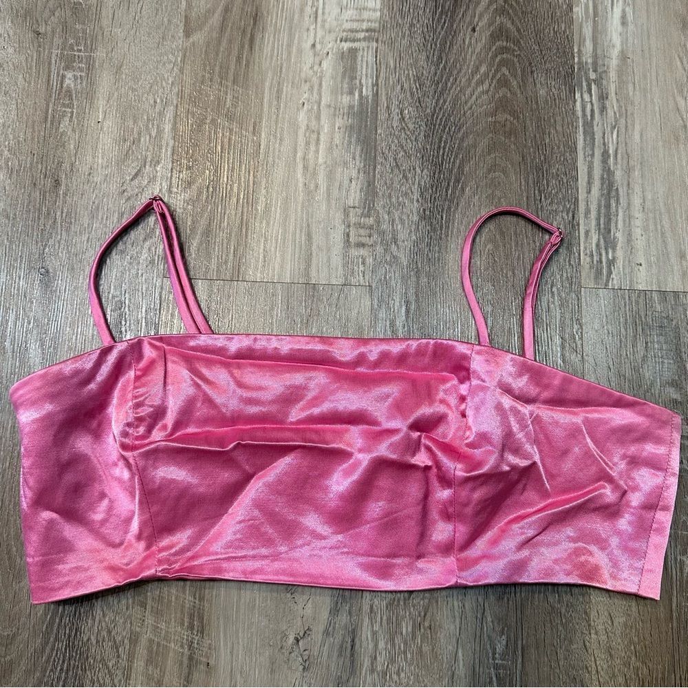 STAUD Pink Bandeau Crop Top Size Medium Satin Silky Barbie Spaghetti Strap